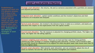 ASSET ALLOCATION STRATEGY
Establishing an
appropriate asset mix
is a dynamic process,
and it plays a key
role in determining
your portfolio’s
overall risk and
return. As such, your
portfolio’s asset mix
should reflect your
goals at any point in
time. Following are
the different
strategies of asset
allocation-
Strategic asset allocation- the returns, risk and co-variances associated with a portfolio are assessed
and adjusted periodically.
Integrated asset allocation- capital market conditions and the investor’s objectives and their
limitations are evaluated and analyzed.
Tactical asset allocation- the investor’s risk tolerance factor is taken as a constant, and assets are
allocated with respect to the expectations from the capital market.
Insured asset allocation- The risk exposure is adjusted for changing portfolio values. The higher the
value, the higher the risk-taking capacity.
Constant weighting asset allocation- There are no hard and fast rules for timing portfolio
rebalancing under strategic or constant weighting asset allocation. Common rule of thumb is that
the portfolio should be rebalanced to its original mix when any given asset class moves more than 5%
from its original value.
Dynamic asset allocation- With dynamic asset allocation, one can constantly adjust the mix of
assets as markets rise and fall, and as the economy strengthens and weakens.
 