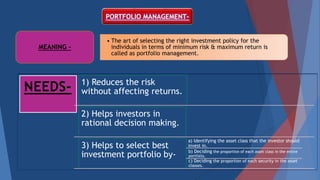 PORTFOLIO MANAGEMENT-
• The art of selecting the right investment policy for the
individuals in terms of minimum risk & maximum return is
called as portfolio management.
MEANING –
NEEDS- 1) Reduces the risk
without affecting returns.
2) Helps investors in
rational decision making.
3) Helps to select best
investment portfolio by-
a) Identifying the asset class that the investor should
invest in.
b) Deciding the proportion of each asset class in the entire
portfolio.
c) Deciding the proportion of each security in the asset
classes.
 