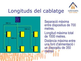 Longituds del cablatge 350 m 350 m 300 m Separació màxima entre dispositius de 700 metres. Longitud màxima total de 1000 metres. Distància màxima entre una font d'alimentació i un dispositiu de 350 metres 