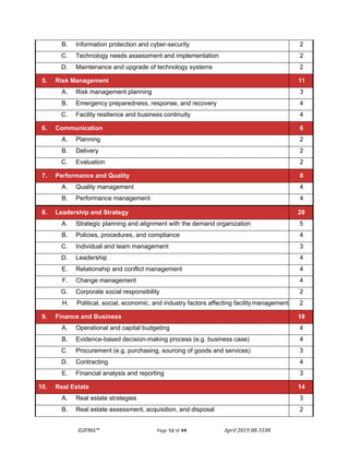 ©IFMA™ Page 12 of 49 April 2019 08-3108
B. Information protection and cyber-security 2
C. Technology needs assessment and implementation 2
D. Maintenance and upgrade of technology systems 2
5. Risk Management 11
A. Risk management planning 3
B. Emergency preparedness, response, and recovery 4
C. Facility resilience and business continuity 4
6. Communication 6
A. Planning 2
B. Delivery 2
C. Evaluation 2
7. Performance and Quality 8
A. Quality management 4
B. Performance management 4
8. Leadership and Strategy 28
A. Strategic planning and alignment with the demand organization 5
B. Policies, procedures, and compliance 4
C. Individual and team management 3
D. Leadership 4
E. Relationship and conflict management 4
F. Change management 4
G. Corporate social responsibility 2
H. Political, social, economic, and industry factors affecting facilitymanagement 2
9. Finance and Business 18
A. Operational and capital budgeting 4
B. Evidence-based decision-making process (e.g. business case) 4
C. Procurement (e.g. purchasing, sourcing of goods and services) 3
D. Contracting 4
E. Financial analysis and reporting 3
10. Real Estate 14
A. Real estate strategies 3
B. Real estate assessment, acquisition, and disposal 2
 