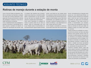 ASSUNTO TÉCNICO
Rotinas de manejo durante a estação de monta
Com o início do Verão em dezembro, tam-

no preparo das matrizes que já desma-

jovens, que devido ao seu estado ainda

touros, principalmente por disputas entre

bém se principia nas fazendas a estação

maram seus bezerros e novamente estão

em progressivo desenvolvimento são bem

grupos por uma determinada fêmea, ou

de monta que concilia justamente a che-

aptas a emprenharem ou dos reproduto-

mais suscetíveis aos diversos tipos de do-

durante o próprio manejo de um ambiente

gada das chuvas que favorecem a rebrota

res que vão servir ao trabalho de monta

enças ou enfermidades, que se não forem

para o outro em que o animal pode ser

das pastagens e alavanca o início da es-

natural ou repasse das inseminações.

identificadas com agilidade podem com-

acometido por algum tipo de ferimento.

tação reprodutiva na fazenda.

Outro ponto importante na estação de

prometer a saúde do pequeno animal, ou

Para assegurar o bem estar animal no

Com o restabelecimento das pastagens o

monta é quando ainda há em meio ao

mesmo da fêmea, e que dependendo do

plantel é recomendável, por exemplo,

período é favorável à manutenção do es-

plantel, vacas de reprodução com cria

caso, podem até levar ao óbito.

que se faça uma averiguação visual com

tado corporal e sanitário do rebanho no

ao pé. Nestes casos é recomendado um

Já em relação a contusões ou machuca-

todos os animais do lote que estão em

trabalho de reprodução dos animais, seja

acompanhamento regular desses animais

duras estes casos são mais comuns entre

trabalho a campo, em média, duas vezes
por semana.
“Neste processo de avaliação do comportamento dos animais nos lotes vale ainda
detectar quais aqueles machos mais dominantes ou então aqueles mais passivos
ou remissivos, em situações confirmadas
de comportamento como as citadas, a alternativa é remanejar os animais para um
lote diferente, tomando o cuidado de não
alterar a relação touro/vaca equivalente
em cada lote”, orienta Luis Adriano Teixeira, coordenador de pecuária da CFM.
Conforme completa Teixeira, estes são
apenas alguns exemplos e estratégias de
rotinas de manejo que ilustram bem o fato
de que quando são efetuados com a devida atenção irão minimizar eventuais perdas econômicas e favorecer o resultado
final dos nascimentos de bezerros e dos
índices de prenhezes na propriedade.

Nós preferimos

0800-127111

 