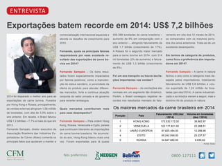 0800-127111Nós preferimos
Exportações batem recorde em 2014: US$ 7,2 bilhões
ENTREVISTA
2014 foi disparado o melhor ano para as
exportações de carne bovina. Puxados
por Hong Kong e Rússia, principalmente,
as vendas externas atingiram 1,56 milhão
de toneladas, com alta de 3,3% sobre o
ano anterior. Em receita, o Brasil faturou
US$ 7,2 bilhões – 7,7% a mais do que em
2013.
Fernando Sampaio, diretor executivo da
Associação Brasileira das Indústrias Ex-
portadoras de Carne (Abiec) comenta os
principais fatos que ajudaram a manter a
comercialização internacional aquecida e
aborda os desafios de crescimento para
2015.
Fernando, quais os principais fatores
responsáveis por esse excelente re-
sultado das exportações de carne bo-
vina em 2014?
Fernando Sampaio – Os bons resul-
tados foram especialmente impactados
por fatores positivos, como a manuten-
ção do status sanitário, a perenidade da
oferta do produto para atender diferen-
tes mercados, forte e contínua atuação
conjunta do setor privado e do governo
para reverter embargos.
Quais mercados contribuíram mais
para esse desempenho?
Fernando Sampaio – Pela ordem Hong
Kong, Rússia, Venezuela e Egito, países
que continuam liderando as importações
de carne bovina brasileira. No acumula-
do do ano, Hong Kong liderou mais uma
vez. Foram exportadas para lá quase
400.399 toneladas de carne brasileira –
aumento de 9% em comparação com o
ano anterior –, atingindo faturamento de
US$ 1,7 bilhão (crescimento de 17%).
A Rússia foi o segundo maior mercado
para a carne bovina em 2014, com 314
mil toneladas (3% de aumento) e fatura-
mento de US$ 1,3 bilhão (crescimento
de 8%).
Foi um ano tranquilo ou houve oscila-
ções importantes nas vendas?
Fernando Sampaio – As oscilações são
normais em um segmento tão dinâmico.
Porém, o Brasil conseguiu registrar re-
cordes nos resultados mensais de fatu-
ramento em oito dos 12 meses de 2014,
se comparados com os mesmos perío-
dos dos anos anteriores. Trata-se de um
excelente desempenho.
Em termos de categoria de produtos,
como ficou a preferência dos importa-
dores em 2014?
Fernando Sampaio – A carne in natura
fechou o ano como a categoria mais de-
sejada pelos importadores, totalizando
faturamento de US$ 5,8 bilhões e volu-
me exportado de 1,24 milhão de tone-
ladas (jan-dez/2014). A carne industriali-
zada e os miúdos vieram a seguir, mas o
domínio foi do produto in natura.
Os maiores mercados da carne brasileira em 2014
Fonte: Abiec
Posição País
Faturamento US$ (dez
/ 2014)
Volume em toneladas
(dez / 2014)
1 HONG KONG 173.530.172,00 38.862,97
2 VENEZUELA 122.177.821,00 23.268,51
3 UNIÃO EUROPEIA 87.825.484,00 12.288,96
4 EGITO 85.242.099,00 23.237,57
5 RÚSSIA 34.647.682,00 9.839,62
 