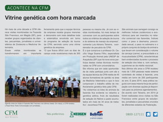 0800-127111Nós preferimos
Vitrine genética com hora marcada
Acontece na CFM
Há mais de uma década a CFM ofe-
rece visitas monitoradas na Fazenda
São Francisco, em Magda (SP), para
receber grupos organizados de clien-
tes, pecuaristas, jornalistas e univer-
sitários de Zootecnia e Medicina Ve-
terinária.
Essas visitas monitoradas se
transformaram em importante
ferramenta para que a equipe técnica
da empresa receba grupos menores
e demonstre com mais detalhes toda
a sistemática envolvida em torno
do programa de seleção de touros
da CFM, servindo como uma vitrine
genética da empresa.
“O que ficava difícil com os dias de
campo onde recebíamos mais de 300
pessoas no mesmo dia. Já com as vi-
sitas monitoradas, há mais tempo de
conversar com os participantes sobre
todos os critérios de seleção de touros
e do sistema de manejo da empresa”,
comenta Luis Adriano Teixeira, coor-
denador de pecuária da CFM.
É o que comprova o professor Dr. Ce-
cílio Viega Soares Filho, especialista
em Produção Animal pela UNESP de
Araçatuba (SP) que há nove anos par-
ticipa destas visitas técnicas monito-
radas na CFM com universitários.
Ele informa que em cada oportunida-
de de visita participa junto com ele e
da equipe técnica da CFM média de 45
alunos formadores de opinião na área
da Medicina Veterinária e que in loco
comprovam o trabalho sólido de me-
lhoramento genético feito pela CFM.
“Ao visitarmos os lotes de animais da
fazenda fica evidente no rebanho a
genética aditiva, fruto de resultados
de seleção do Nelore a pasto acumu-
lados em mais de 34 anos de traba-
lho”, reconhece Filho.
São animais que carregam consigo os
melhores índices zootécnicos e eco-
nômicos para ser inseridos no reba-
nho comercial nas fazendas. Índices
como: o peso a desmama, precoci-
dade sexual, o peso no sobreano e o
próprio conjunto do biotipo do animal e
que levam em consideração o volume
de carcaça (carne), a precocidade e a
musculosidade (CPM), características
bem evidenciadas durante o processo
de seleção dos lotes e, com certeza,
superiores ao da média nacional.
Nos últimos oito anos a CFM recebeu
mais de 1.500 pessoas neste sistema
controlado de visitas à fazenda, uma
média em torno de 200 participantes
ao ano. E para 2014, essa prática se-
guirá com essa mesma força de partici-
pação com diversas opções já disponí-
veis para os próximos agendamentos.
De acordo com Teixeira, em 2014 já
foram realizadas cinco visitas na São
Francisco entre grupos de estudan-
tes, jornalistas e pecuaristas oriundos
de diferentes estados da Federação.
Agenda cheia de visitas à Fazenda São Francisco nos últimos meses. Em março, a CFM recebeu
o Road Show Texto Comunicação com jornalistas...
 