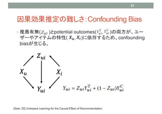 ? ]Пo( )potential outcomes( , )΁I`
`䥢ƥ( , )椹뤿ᡢconfounding
bias롣
ƶyConfounding Bias
23
[Sato 20] Unbiased Learning for the Causal Effect of Recommendation
 