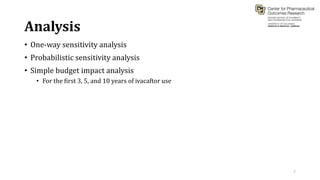 Analysis
• One-way sensitivity analysis
• Probabilistic sensitivity analysis
• Simple budget impact analysis
• For the first 3, 5, and 10 years of ivacaftor use
7
 