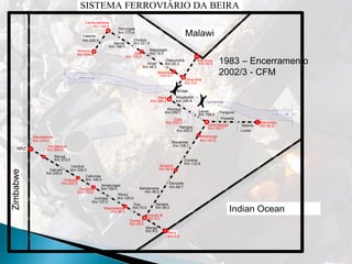 SISTEMA FERROVIÁRIO DA BEIRA
Beira
Bridge
Km 173.4
Km 0.0
Dona Ana
Km 48.5
Km 20.3
Chavundira
Km 4.7
Panguire
Lunza
Caia Road bridge
Km 44.0
Km 82.0
Km 195.9
Vila Manica
Dondo II
Machipanda
Revuè
Garuso
Vanduzi
Chimoio
Cafumpe
Gondola
Amatongas
Inchope
Xiluvu
Nhamatanda
Tica
Manga
Sinjal
Mapangali
Doa
Chueza
Mecito
Necungas
Moatize
Cateme
Cambulatsisse
Magagade
Murraça
Nangue
Lavos
Mutarara
Sena
Condue
Derunde
Inhamitanga
Savane
Semacueza
Muanza
Mazamba
Inhaminga
Marromeu
Malawi
Indian Ocean
Zimbabwe
Zambeze river
Caia
Vila nova
Km 314.0
Km 254.0
Km 183.7
Km 286.3
Km 0.0
Km 100.0
Km 157.5
Dondo I
Km 28.0
Km 70.0
Km 98.0
Km 120.0
Km 137.0
Km 159.0
Km 179.0
Km 190.0
Km 202.0
Km 234.0
Km 240.0
Km 272.0
Km 292.0
Km 26.2
Km 48.5
Km 69.7
Km 90.8
Km 112.9
Km 138.1
Km 199.0
Km 223.2
Km 233.3
Km 250.7
Km 266.8
Km 9.0
Floresta
Salone
Km 78.0
Km 121.9
Km 148.0
Km 222.5
Km 0.0
NRZ
1983 – Encerramento
2002/3 - CFM
 
