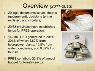 Overview (2011-2013)
 20 legal documents issues: decree
(government), decisions (prime
minister), and circulars;
 29/63 provinces have established
funds for PFES operation;
 142 mil. USD generated in 2011-
2013, of which 83.7% from
hydropower plants, 15.5% from
water companies, and 0.82% from
tourism
 PFES contribute 22.3% of annual
budget for forestry sector.
 
