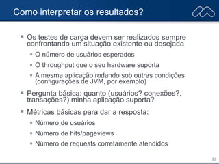 29
Como interpretar os resultados?
 Os testes de carga devem ser realizados sempre
confrontando um situação existente ou desejada
 O número de usuários esperados
 O throughput que o seu hardware suporta
 A mesma aplicação rodando sob outras condições
(configurações de JVM, por exemplo)
 Pergunta básica: quanto (usuários? conexões?,
transações?) minha aplicação suporta?
 Métricas básicas para dar a resposta:
 Número de usuários
 Número de hits/pageviews
 Número de requests corretamente atendidos
 