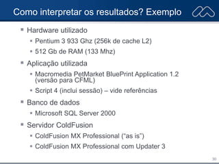30
Como interpretar os resultados? Exemplo
 Hardware utilizado
 Pentium 3 933 Ghz (256k de cache L2)
 512 Gb de RAM (133 Mhz)
 Aplicação utilizada
 Macromedia PetMarket BluePrint Application 1.2
(versão para CFML)
 Script 4 (inclui sessão) – vide referências
 Banco de dados
 Microsoft SQL Server 2000
 Servidor ColdFusion
 ColdFusion MX Professional (“as is”)
 ColdFusion MX Professional com Updater 3
 