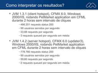 32
Como interpretar os resultados?
 JVM 1.3.1 (client hotspot), CFMX 6.0, Windows
2000/IIS, rodando PetMarket application em CFML
durante 2 horas sem intervalo de cliques
 466.201 requests status 200
 90 usuários servidos por segundo
 33,88 requests por segundo
 3 requests queued por segundo em média
 JVM 1.4.2 (server hotspot), CFMX 6.0 (updater3),
Windows 2000/IIS, rodando PetMarket application
em CFML durante 2 horas sem intervalo de cliques
 778.780 requests status 200
 90 usuários servidos por segundo
 59,60 requests por segundo
 2 requests queued por segundo em média
 