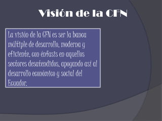 Visión de la CFN

La visión de la CFN es ser la banca
múltiple de desarrollo, moderna y
eficiente, con énfasis en aquellos
sectores desatendidos, apoyando así al
desarrollo económico y social del
Ecuador.
 