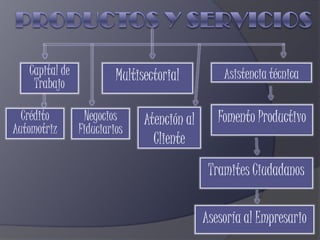 Capital de            Multisectorial          Asistencia técnica
    Trabajo

  Crédito        Negocios      Atención al      Fomento Productivo
Automotriz      Fiduciarios
                                 Cliente
                                              Tramites Ciudadanos

                                             Asesoría al Empresario
 