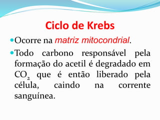 Ciclo de Krebs
Ocorre na matriz mitocondrial.
Todo carbono responsável pela
formação do acetil é degradado em
CO2 que é então liberado pela
célula, caindo na corrente
sanguínea.
 