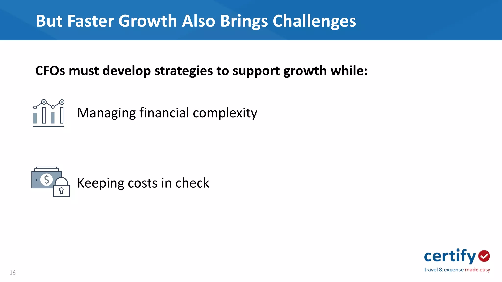 16
But Faster Growth Also Brings Challenges
CFOs must develop strategies to support growth while:
Managing financial complexity
Keeping costs in check
 