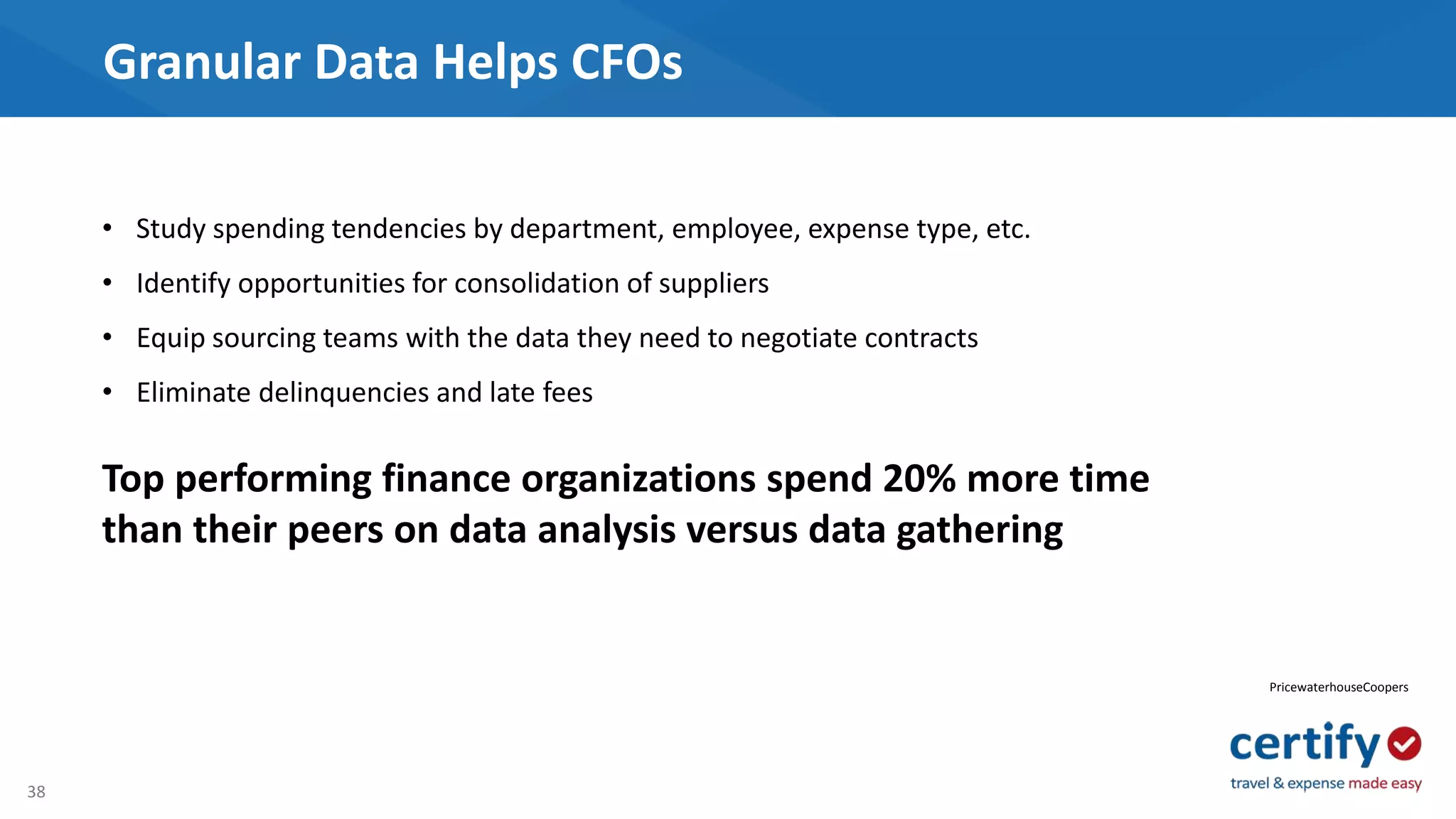 38
Granular Data Helps CFOs
• Study spending tendencies by department, employee, expense type, etc.
• Identify opportunities for consolidation of suppliers
• Equip sourcing teams with the data they need to negotiate contracts
• Eliminate delinquencies and late fees
Top performing finance organizations spend 20% more time
than their peers on data analysis versus data gathering
PricewaterhouseCoopers
 