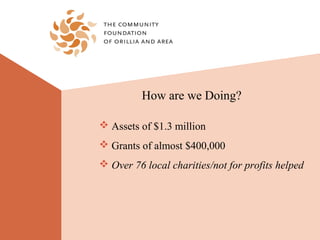 How are we Doing?

 Assets of $1.3 million
 Grants of almost $400,000
 Over 76 local charities/not for profits helped
 