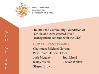 In 2012 the Community Foundation of
W
    Orillia and Area entered into a
H
    management contract with the CDC
O
    OUR CURRENT BOARD
W   Chairman: Michael Gordon
E   Past Chair: Darlene Elder
    Josh Mcquay           Jodi Lloyd
A
    Kathy Webb            Trevor Walker
R
    Sharon Brown
E
 