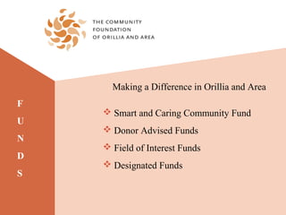 Making a Difference in Orillia and Area
F
     Smart and Caring Community Fund
U
     Donor Advised Funds
N
     Field of Interest Funds
D
     Designated Funds
S
 