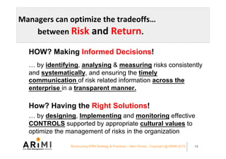 Managers	can	optimize	the	tradeoffs…		
	between	Risk	and	Return.	
HOW? Making Informed Decisions!
… by identifying, analys...