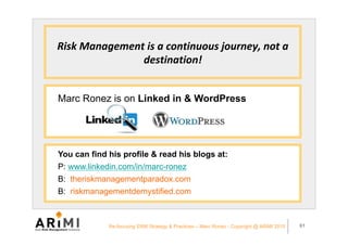 Risk	Management	is	a	continuous	journey,	not	a	
destination!	
Re-focusing ERM Strategy & Practices – Marc Ronez - Copyrigh...