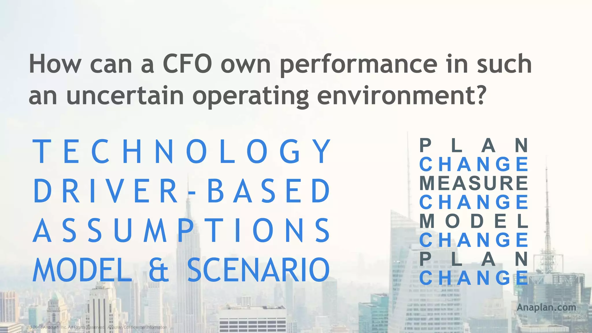 © 2014 Anaplan, Inc. All Rights Reserved. Anaplan Confidential Information
How can a CFO own performance in such
an uncertain operating environment?
T E C H N O L O G Y
D R I V E R - B A S E D
A S S U M P T I O N S
MODEL & SCENARIO
P L A N
C H A N G E
MEASURE
C H A N G E
M O D E L
C H A N G E
P L A N
C H A N G E
Anaplan.com
 