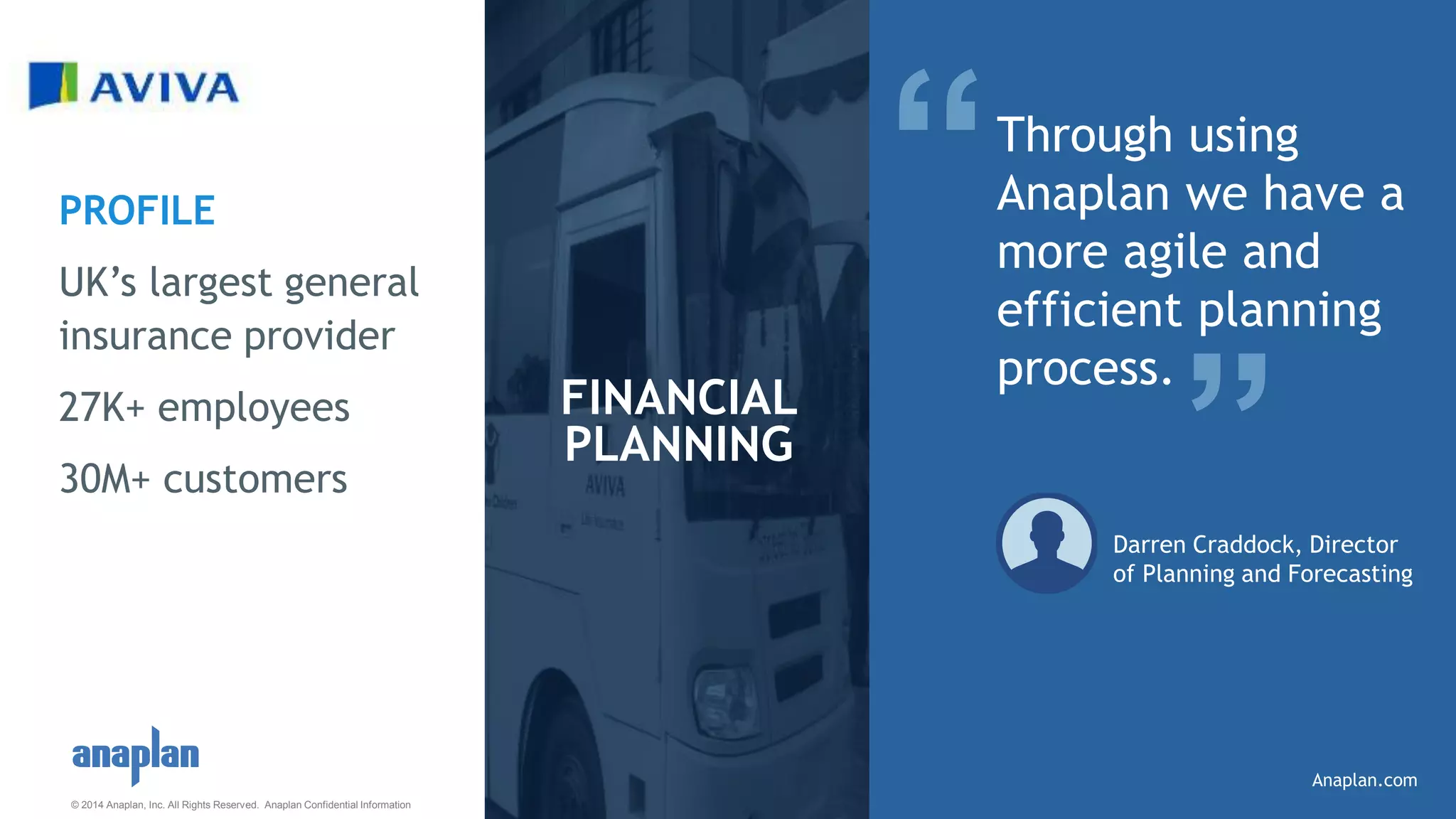 © 2014 Anaplan, Inc. All Rights Reserved. Anaplan Confidential Information
“Through using
Anaplan we have a
more agile and
efficient planning
process.
Darren Craddock, Director
of Planning and Forecasting
”FINANCIAL
PLANNING
PROFILE
UK’s largest general
insurance provider
27K+ employees
30M+ customers
Anaplan.com
 