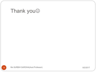 Thank you
8/2/2017Ms SURBHI SAROHA(Asst.Professor)14
 