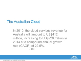 The Australian Cloud In 2010, the cloud services revenue for Australia will amount to US$412 million, increasing to US$928 million in 2014 at a compound annual growth rate (CAGR) of 22.5%.					- IDC 