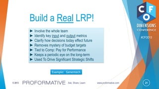 21© 2013 Ask, Share, Learn www.proformative.com
#CFOD13
Build a Real LRP!
►Involve the whole team
►Identify key input and output metrics
►Clarify how decisions today effect future
►Removes mystery of budget targets
►Tied to Comp: Pay for Performance
►Keeps a periodic eye on the long-term
►Used To Drive Significant Strategic Shifts
Example: Genentech
 