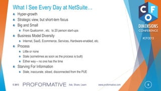 6© 2013 Ask, Share, Learn www.proformative.com
#CFOD13
What I See Every Day at NetSuite…
Hyper-growth
Strategic view, but short-tem focus
Big and Small
From Qualcomm , etc. to 20 person start-ups
Business Model Diversity
Internet, SaaS, Ecommerce, Services, Hardware-enabled, etc.
Process
Little or none
Stale (sometimes as soon as the process is built)
Either way – no one has the time
Starving For Information
Stale, inaccurate, siloed, disconnected from the PUE
 