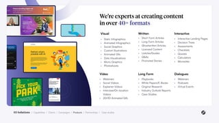 We’re experts at creating content
in over 40+ formats
• Short Form Articles
• Long Form Articles
• Ghostwritten Articles
• Licensed Content
• Listicles/Guides
• Q&As
• Promoted Stories
Written
• Webinars
• Social Videos
• Explainer Videos
• Interview/On-location
Videos
• 2D/3D Animated Gifs
Video
• Interactive Landing Pages
• Decision Trees
• Assessments
• Checklists
• Quizzes
• Calculators
• Microsites
Interactive
• Webinars
• Podcasts
• Virtual Events
Dialogues
• Static Infographics
• Animated Infographics
• Social Graphics
• Custom Illustrations
• Animated Gifs
• Data Visualizations
• Micro-Graphics
• Photoshoots
Visual
• Playbooks
• White Papers/E-Books
• Original Research
• Industry Outlook Reports
• Case Studies
Long Form
03 Solutions / Capabilities / Clients / Campaigns / Products / Partnerships / Case studies
 