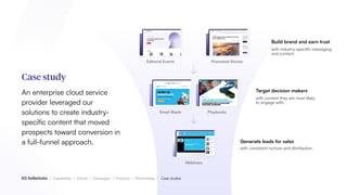 03 Solutions / Capabilities / Clients / Campaigns / Products / Partnerships / Case Studies
Case study
An enterprise cloud service
provider leveraged our
solutions to create industry-
specific content that moved
prospects toward conversion in
a full-funnel approach.
03 Solutions / Capabilities / Clients / Campaigns / Products / Partnerships / Case studies
Generate leads for sales
with consistent nurture and distribution.
Webinars
Email Blasts Playbooks
Target decision makers
with content they are most likely
to engage with.
Editorial Events Promoted Stories
Build brand and earn trust
with industry-specific messaging
and content.
 