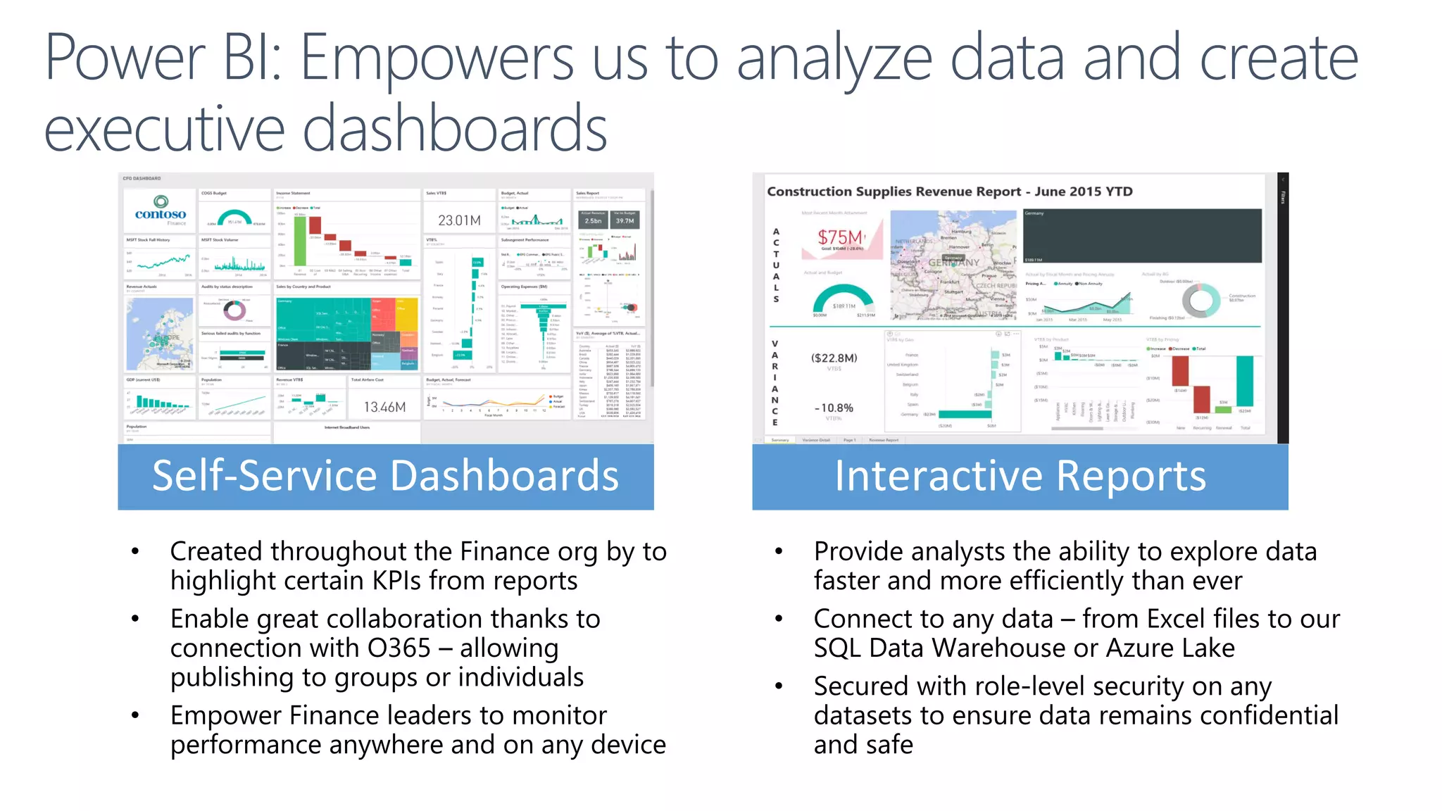 Power BI: Empowers us to analyze data and create
executive dashboards
 
