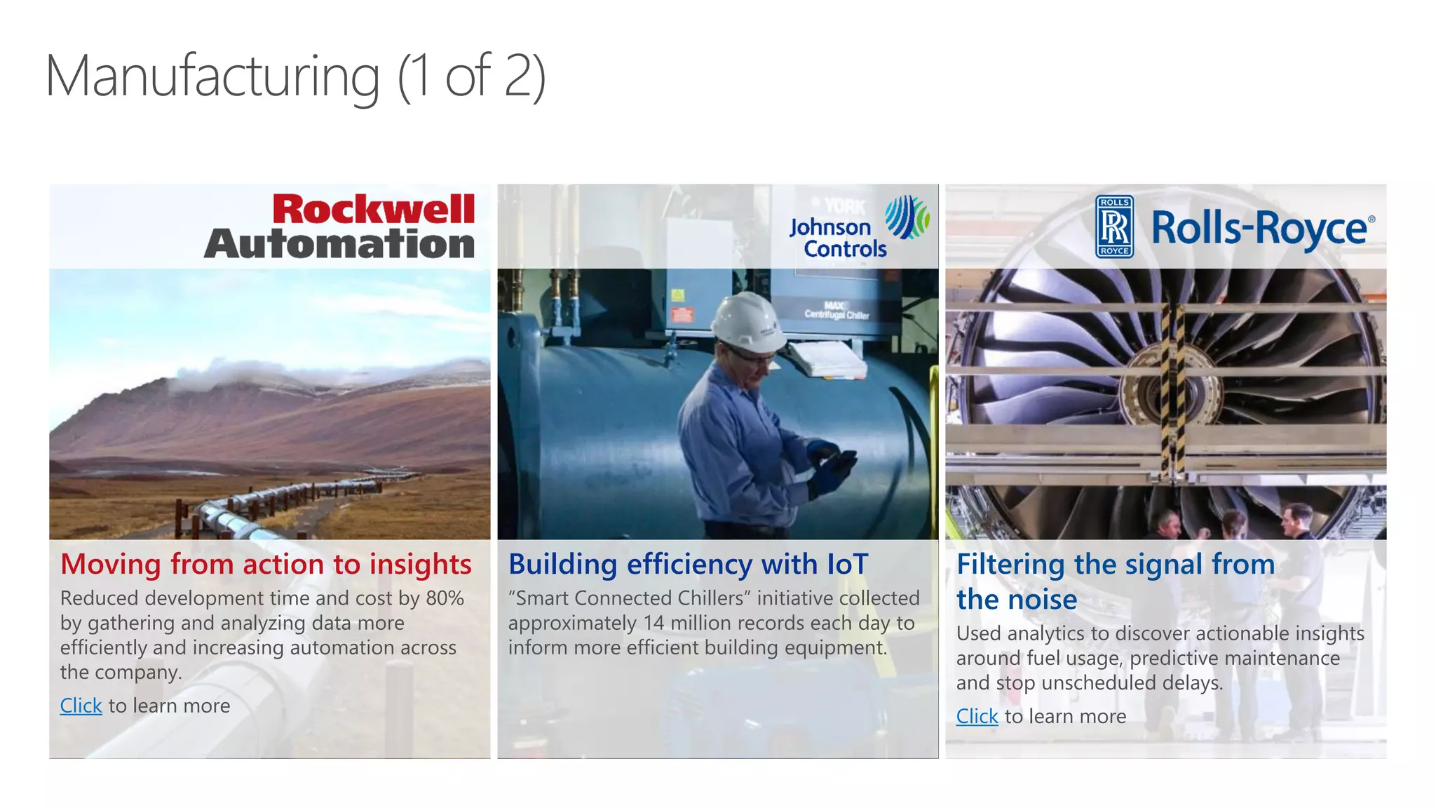 Moving from action to insights
Reduced development time and cost by 80%
by gathering and analyzing data more
efficiently and increasing automation across
the company.
Click to learn more
Building efficiency with IoT
“Smart Connected Chillers” initiative collected
approximately 14 million records each day to
inform more efficient building equipment.
Filtering the signal from
the noise
Used analytics to discover actionable insights
around fuel usage, predictive maintenance
and stop unscheduled delays.
Click to learn more
 