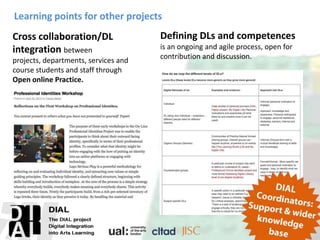 Learning points for other projects
Defining DLs and competences
is an ongoing and agile process, open for
contribution and discussion.
Cross collaboration/DL
integration between
projects, departments, services and
course students and staff through
Open online Practice.
 