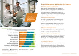 10 Delineando Estrategias Transformación del Director de Finanzas 11Delineando EstrategiasTransformación del Director de Finanzas
Los 7 hallazgos de la Dirección de Finanzas
1. Cerrar las brechas de la información
2. Elegir tecnología innovadora
3. Rodearse de gente con talento
4. “Posicionar” el perfil del área financiera
Aunque lo esencial es tener información oportuna y veraz, también debe ser
suficiente para cada público. Hoy por las empresas corren flujos de datos enormes
que son difíciles de interpretar. La obligación del CFO es dar información oportuna,
veraz y suficiente, ni más, ni menos.
El CFO debe analizar esos flujos, también tiene que hacer una selección de lo
relevante para que el Director General y el Consejo de Administración puedan tomar
mejores decisiones. Esto puede requerir el uso de aplicaciones informáticas que
permitan recolectar, consolidar y reportar la información a menor costo
y con mayor velocidad.
Aún en el caso de que el área de Sistemas no reporte directamente al Director
de Finanzas, lo importante es que él sea un experto no en la tecnología, sino
en las capacidades de esta herramienta para entregar la información
analizada y a tiempo.
Respecto a las actividades básicas del área financiera que se refieren al flujo de
caja y la administración de la tesorería, el CFO siempre ha sido el responsable,
cuestión que no va a ser eliminada de su papel, pero sí puede automatizarse a
través de la tecnología.
Los reclutadores aseguran que el perfil académico y las habilidades requeridas en
una compañía están cambiando con las nuevas responsabilidades del CFO. Algunas
empresas han optado por separar las actividades de rutina y las de alto valor
agregado o las que requieren una mayor especialización y dedicación.
Las actividades financieras evolucionan, en consecuencia, el área de Finanzas crece
en importancia dentro de la empresa. Por ello, se debe posicionar explicando lo
que puede ofrecer a clientes y demás divisiones, sobre todo la comercial y la de
operaciones. Es la forma de conseguir que otros comprendan qué puede ayudarles
a hacer realidad sus planes para mejorar sus resultados.
Las necesidades
de la compañía
están cambiando
con las nuevas
responsabilidades
del CFO
Oportunidades para el CFO
Proporcionar mayor soporte a la gestión
de líneas o áreas del negocio
Proporcionar mayor soporte al crecimiento
del negocio (de manera orgánica o a
través de fusiones y adquisiciones)
Estandarizar y racionalizar los
procesos financieros clave
Reducir toda la estructura de
costos de la compañía
Mejorar la gestión de riesgo
para el desempeño del negocio
Mejorar la administración de los riesgos
que afectan los resultados
Involucrarse más con stakeholders o interesados
externos (clientes, inversionistas, proveedores,
agentes financieros)
53% 41% 6%
41%
44%
50%
49% 40% 9% 2%
1%
1%
2%
12%
13%
9%
47%
43%
41%
31% 48% 20%
48% 35%17%
Oportunidad mayor Oportunidad moderada Oportunidad menor o ninguna No sabe
Nota: los porcentajes pueden no sumar 100% debido al redondeo.
Fuente: A New Role for New Times, CFO Publishing y KPMG International, marzo, 2011.
¿En qué medida las siguientes mejoras suponen oportunidades para aumentar el rendimiento
de su empresa en los próximos dos años?
5. Riesgos de la regulación
Los cambios en las normas contables son un reto permanente porque aumentan
las fuentes de riesgo, así como el incumplimiento. Hay regulaciones en materia
de precios, de empaque, de uso de la energía y el agua, laborales. En cada caso
existe la posibilidad de descuidos y de consecuencias económicas que afecten la
reputación de las marcas en el mercado. Aun las empresas menos reguladas corren
el riesgo de informar mal al fisco y desencadenar una sanción.
 