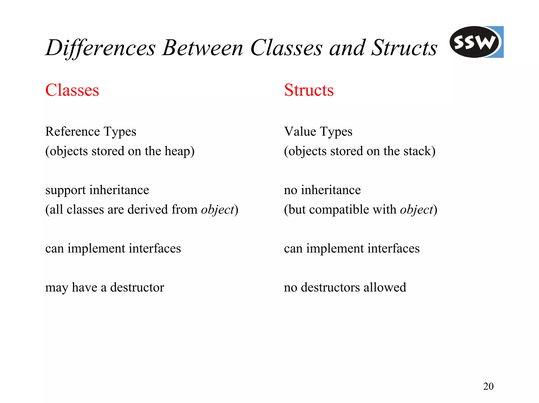 Differences Between Classes and Structs
Classes                                 Structs

Reference Types                         Value Types
(objects stored on the heap)            (objects stored on the stack)

support inheritance                     no inheritance
(all classes are derived from object)   (but compatible with object)

can implement interfaces                can implement interfaces

may have a destructor                   no destructors allowed




                                                                        20
 