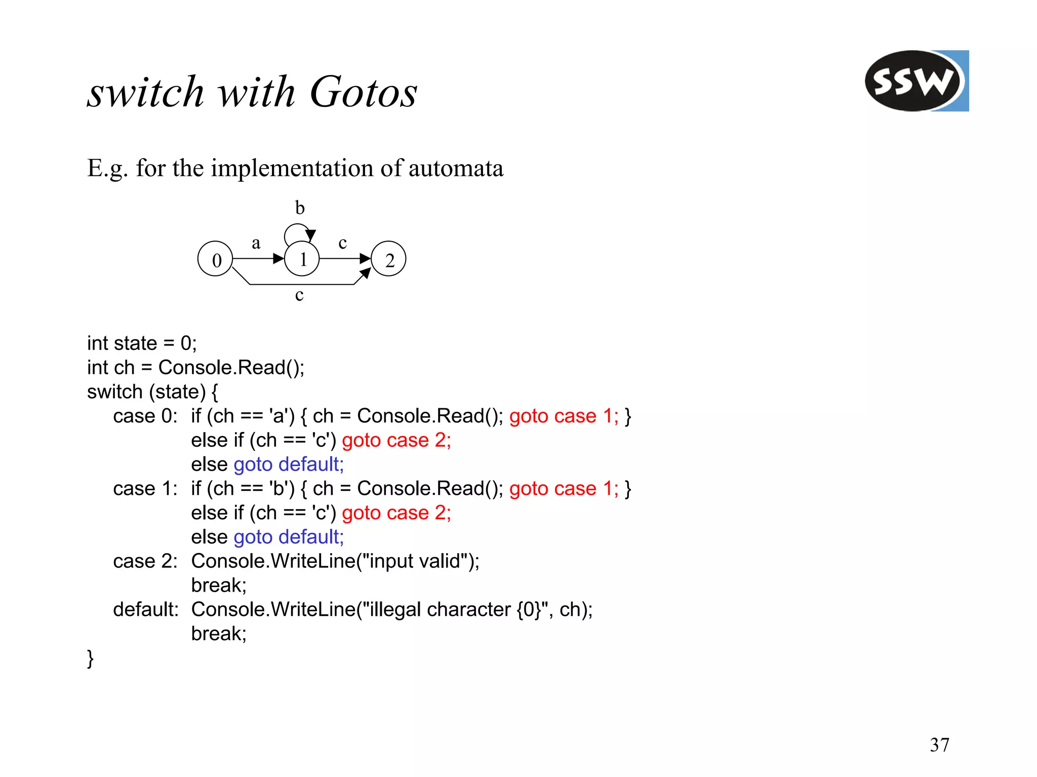 switch with Gotos
E.g. for the implementation of automata
                        b
                   a         c
              0         1          2
                        c

int state = 0;
int ch = Console.Read();
switch (state) {
    case 0: if (ch == 'a') { ch = Console.Read(); goto case 1; }
             else if (ch == 'c') goto case 2;
             else goto default;
    case 1: if (ch == 'b') { ch = Console.Read(); goto case 1; }
             else if (ch == 'c') goto case 2;
             else goto default;
    case 2: Console.WriteLine("input valid");
             break;
    default: Console.WriteLine("illegal character {0}", ch);
             break;
}



                                                                   37
 