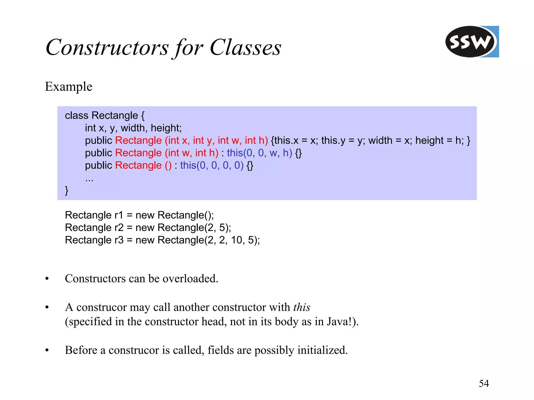 Constructors for Classes
Example

    class Rectangle {
        int x, y, width, height;
        public Rectangle (int x, int y, int w, int h) {this.x = x; this.y = y; width = x; height = h; }
        public Rectangle (int w, int h) : this(0, 0, w, h) {}
        public Rectangle () : this(0, 0, 0, 0) {}
        ...
    }

    Rectangle r1 = new Rectangle();
    Rectangle r2 = new Rectangle(2, 5);
    Rectangle r3 = new Rectangle(2, 2, 10, 5);


•   Constructors can be overloaded.

•   A construcor may call another constructor with this
    (specified in the constructor head, not in its body as in Java!).

•   Before a construcor is called, fields are possibly initialized.

                                                                                                          54
 