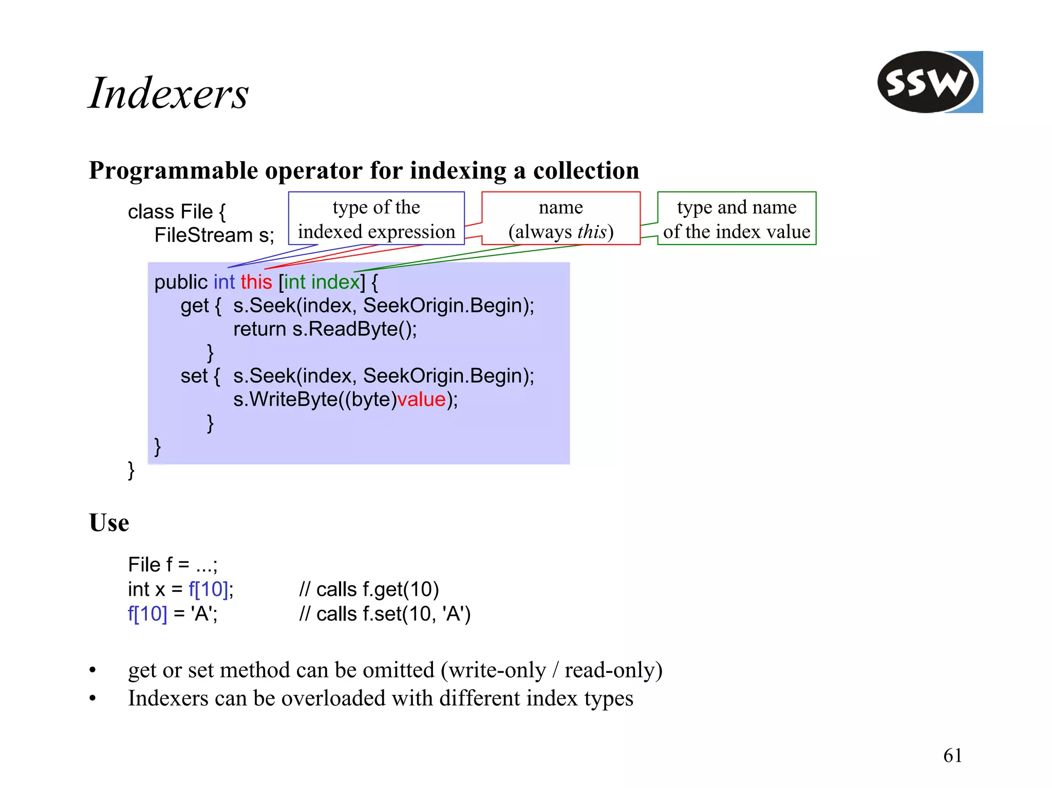 Indexers
Programmable operator for indexing a collection
    class File {           type of the               name          type and name
       FileStream s;   indexed expression        (always this)   of the index value

        public int this [int index] {
          get { s.Seek(index, SeekOrigin.Begin);
                  return s.ReadByte();
              }
          set { s.Seek(index, SeekOrigin.Begin);
                  s.WriteByte((byte)value);
              }
        }
    }

Use
    File f = ...;
    int x = f[10];     // calls f.get(10)
    f[10] = 'A';       // calls f.set(10, 'A')

•   get or set method can be omitted (write-only / read-only)
•   Indexers can be overloaded with different index types

                                                                                      61
 