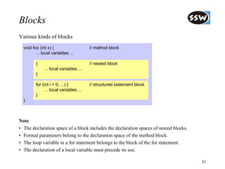 Blocks
Various kinds of blocks
  void foo (int x) {                     // method block
         ... local variables ...

         {                               // nested block
              ... local variables ...
         }

         for (int i = 0; ...) {          // structured statement block
               ... local variables ...
         }
  }



Note
• The declaration space of a block includes the declaration spaces of nested blocks.
• Formal parameters belong to the declaration space of the method block.
• The loop variable in a for statement belongs to the block of the for statement.
• The declaration of a local variable must precede its use.

                                                                                       31
 