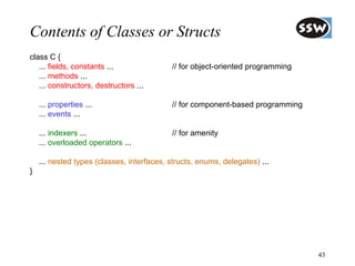 Contents of Classes or Structs
class C {
   ... fields, constants ...               // for object-oriented programming
   ... methods ...
   ... constructors, destructors ...

    ... properties ...                     // for component-based programming
    ... events ...

    ... indexers ...                       // for amenity
    ... overloaded operators ...

    ... nested types (classes, interfaces, structs, enums, delegates) ...
}




                                                                                43
 