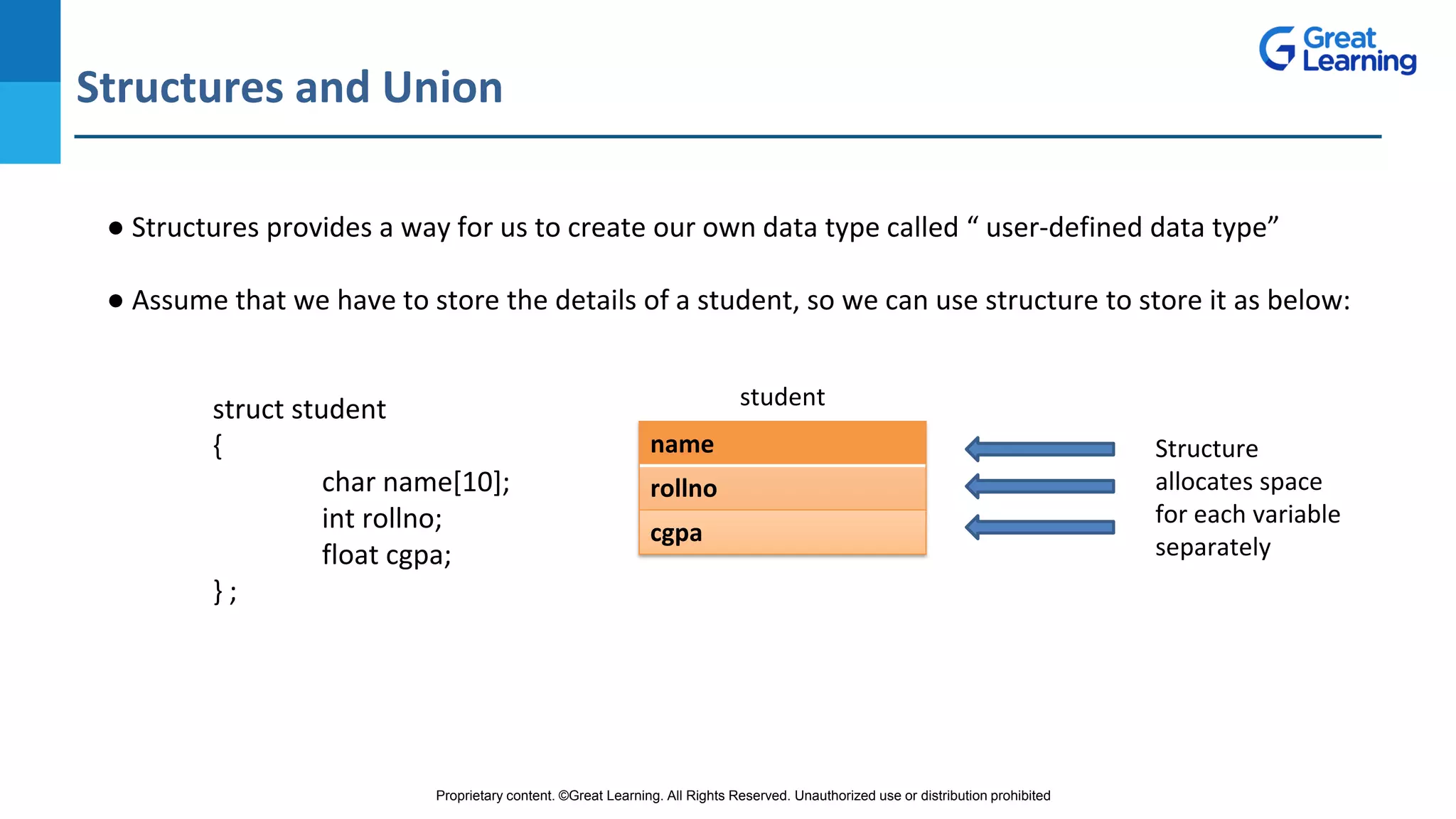 Proprietary content. ©Great Learning. All Rights Reserved. Unauthorized use or distribution prohibited
Structures and Union
DO NOT WRITE ANYTHING
HERE. LEAVE THIS SPACE FOR
WEBCAM
● Structures provides a way for us to create our own data type called “ user-defined data type”
● Assume that we have to store the details of a student, so we can use structure to store it as below:
struct student
{
char name[10];
int rollno;
float cgpa;
} ;
name
rollno
cgpa
student
Structure
allocates space
for each variable
separately
 