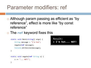 Parameter modifiers: refAlthough param passing as efficient as “by reference”, effect is more like “by const reference”The ref keyword fixes thisstatic void Main(string[] args) {String message = "I'm hot";negate(ref message);Console.WriteLine(message);}static void negate(refString s) {    s += "... NOT!";}Result:> I'm hot... NOT!