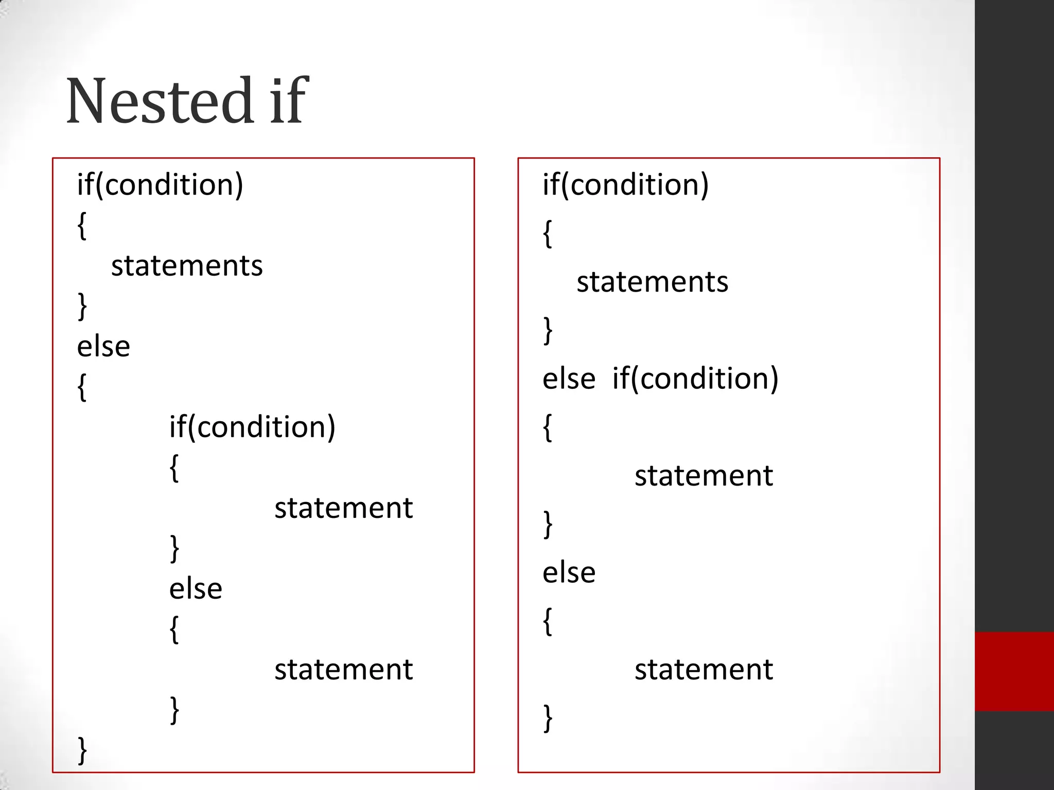Nested if
if(condition)
{
statements
}
else
{
if(condition)
{
statement
}
else
{
statement
}
}

if(condition)
{
statements
}
else if(condition)
{
statement
}
else
{
statement
}

 