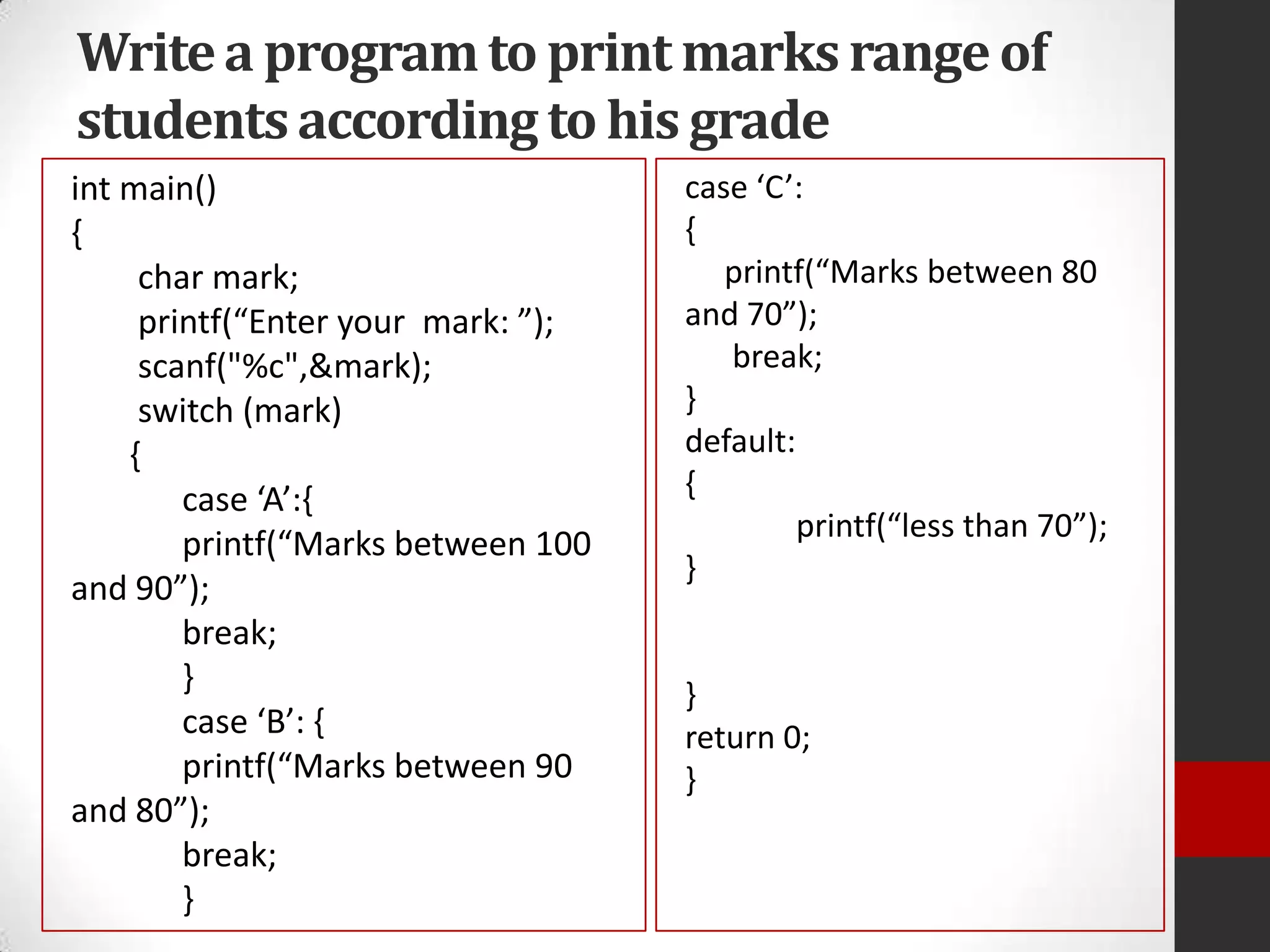 Write a program to print marks range of
students according to his grade
int main()
{
char mark;
printf(“Enter your mark: ”);
scanf("%c",&mark);
switch (mark)
{
case ‘A’:,
printf(“Marks between 100
and 90”);
break;
}
case ‘B’: ,
printf(“Marks between 90
and 80”);
break;
}

case ‘C’:
{
printf(“Marks between 80
and 70”);
break;
}
default:
{
printf(“less than 70”);
}

}
return 0;
}

 