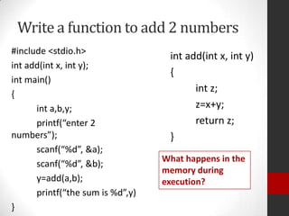 Write a function to add 2 numbers
#include <stdio.h>
int add(int x, int y);
int main()
{
int a,b,y;
printf(“enter 2
numbers”);
scanf(“%d”, &a);
scanf(“%d”, &b);
y=add(a,b);
printf(“the sum is %d”,y)
}

int add(int x, int y)
{
int z;
z=x+y;
return z;
}
What happens in the
memory during
execution?

 