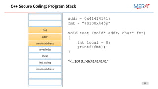 24
С++ Secure Coding: Program Stack
fmt
addr
return address
saved ebp
local
fmt_string
return address
addr = 0x41414141;
fmt = “%0100x%4$p”
void test (void* addr, char* fmt)
{
int local = 0;
printf(fmt);
}
“<…100 0..>0x41414141”
 