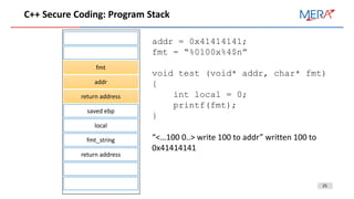 25
С++ Secure Coding: Program Stack
fmt
addr
return address
saved ebp
local
fmt_string
return address
addr = 0x41414141;
fmt = “%0100x%4$n”
void test (void* addr, char* fmt)
{
int local = 0;
printf(fmt);
}
“<…100 0..> write 100 to addr” written 100 to
0x41414141
 
