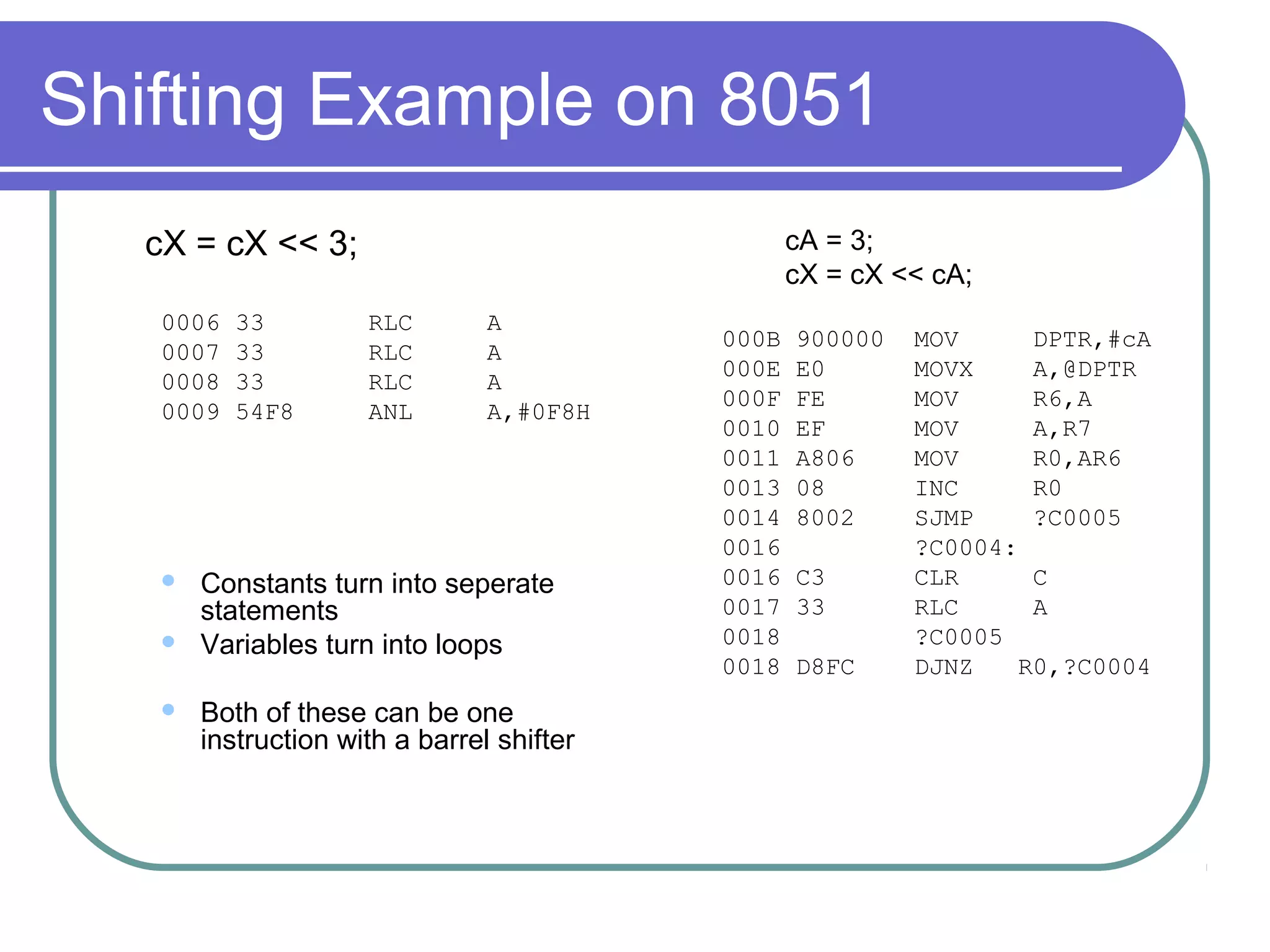 Shifting Example on 8051
  cX = cX << 3;                                   cA = 3;
                                                  cX = cX << cA;
   0006   33         RLC        A
                                           000B   900000   MOV      DPTR,#cA
   0007   33         RLC        A
                                           000E   E0       MOVX     A,@DPTR
   0008   33         RLC        A
                                           000F   FE       MOV      R6,A
   0009   54F8       ANL        A,#0F8H
                                           0010   EF       MOV      A,R7
                                           0011   A806     MOV      R0,AR6
                                           0013   08       INC      R0
                                           0014   8002     SJMP     ?C0005
                                           0016            ?C0004:
      Constants turn into seperate        0016   C3       CLR      C
       statements                          0017   33       RLC      A
      Variables turn into loops           0018            ?C0005
                                           0018   D8FC     DJNZ    R0,?C0004
      Both of these can be one
       instruction with a barrel shifter
 